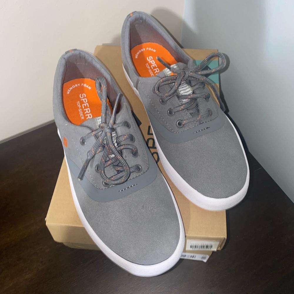 Sperry Gray Boat Shoes with Suede Finish and White Sole